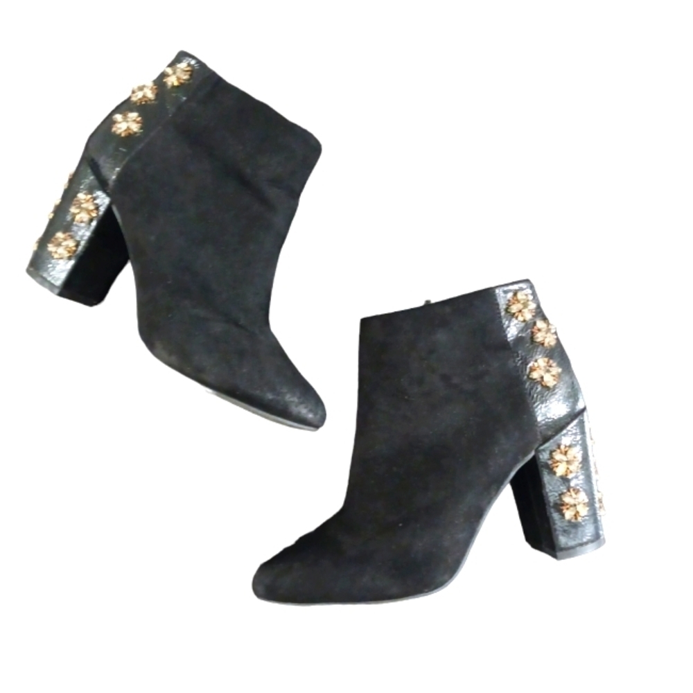 Anthropologie + Farylrobin Gemmed Ankle Booties Black Vegan Suede Chunky Heel